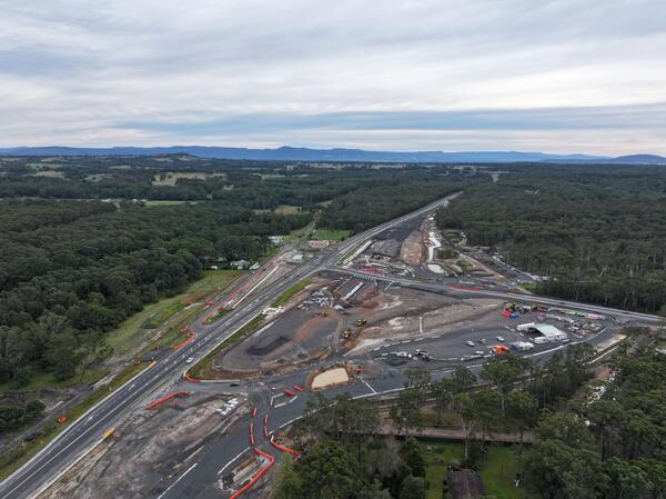 An aerial view of the Jervis Bay Road intersection upgrade under construction looking from the South
