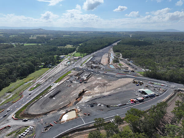 An aerial view of the Jervis Bay Road intersection upgrade under construction looking from the south