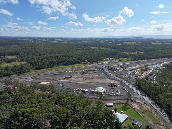 An aerial view of the Jervis Bay Road intersection upgrade under construction looking from the west