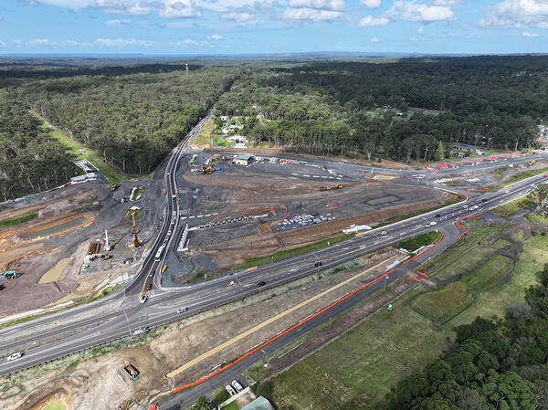 An aerial view of the Jervis Bay Road intersection upgrade under construction looking from the west