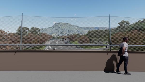 Artists impression looking west towards Mt Keira (Djeera) from the Mount Ousley Road shared path bridge - vegetation at maturity