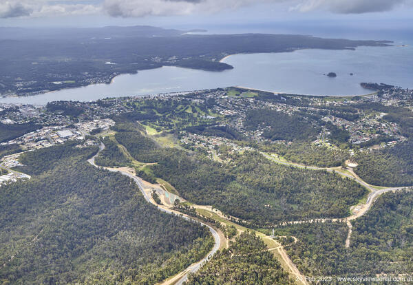 South Batemans Bay Link Road - Aerial image through the project area, towards Batemans Bay (February 2023).