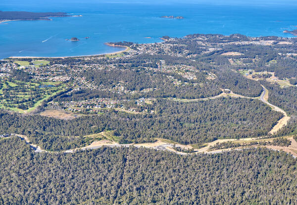 South Batemans Bay Link Road - Aerial view through the project area, towards Batemans Bay (April 2023).