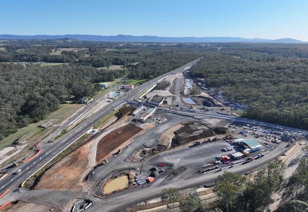 An aerial view of the Jervis Bay Road intersection upgrade under construction looking from the south