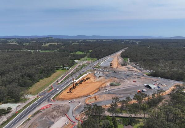 An aerial view of the Jervis Bay Road intersection upgrade under construction looking from the south east