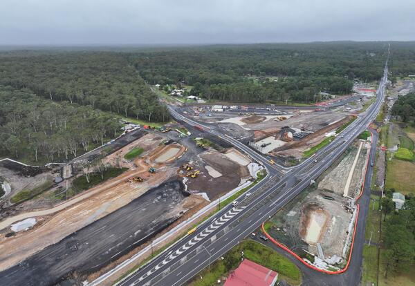 An aerial view of the Jervis Bay Road intersection upgrade under construction looking from the north west