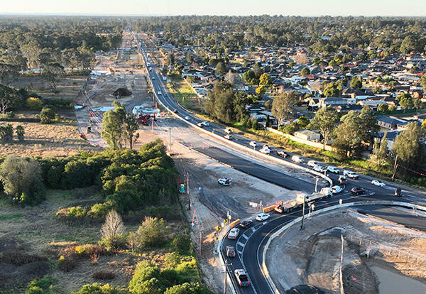Aerial view of temporary traffic changes on Luddenham Road looking south