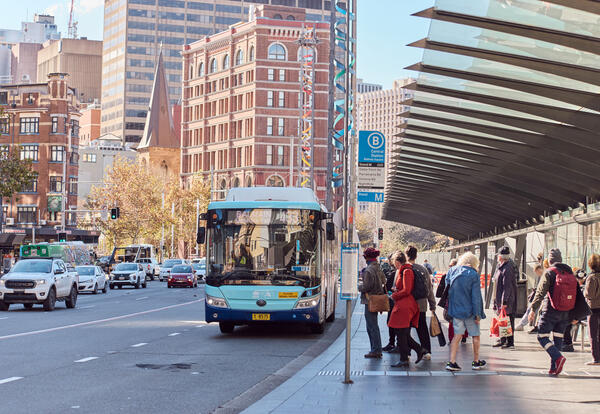 Transport for NSW Passengers wait for bus at Railway Square.